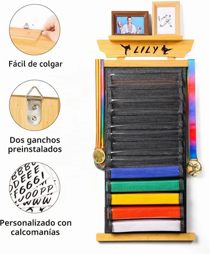 Vista 4 de Tilhumt 10/12 Belts Karate Belt Display Rack with Photo Shelf, Felt Taekwondo Belt Display Rack Martial Arts Belt Display for Adults TKD, BJJ