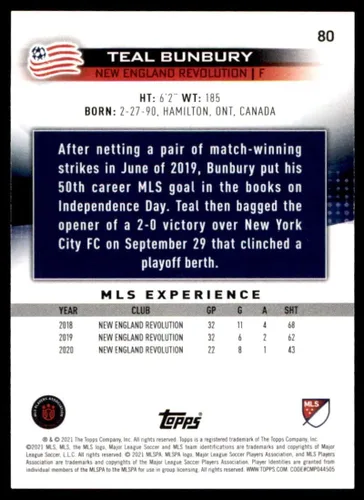 Vista 2 de 2021 Topps MLS #80 Teal Bunbury New England Revolution Soccer Card