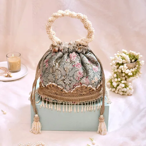 Vista 2 de Elora Capsule Bridal Clutch - Gris Azul, bolso de mano floral, bolso para fiesta de noche, bolsas festivas Diwali, Gris azulado
