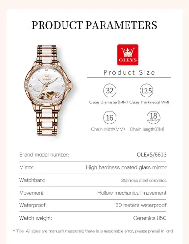 Vista 6 de OLEVS Relojes automáticos de oro rosa para mujer, diseño de esqueleto, mecánico, de cuerda automática, elegante vestido de lujo para mujer