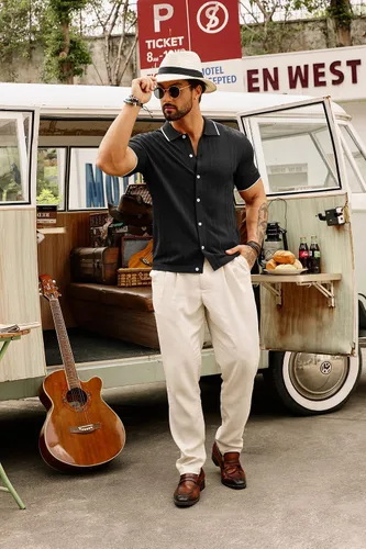 Vista 3 de GRACE KARIN Polo de punto transpirable para hombre, camisas con botones de bolos ahuecados