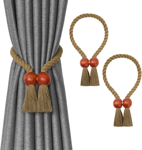 Vista 69 de NICEEC 2 Pack de Alzapaños Magnéticos de Madera en Forma de Cubo Boho para Decoración del Hogar, Alzapaños de Lino Tejidos a Mano para Cortinas Beige