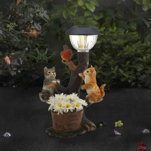 Vista 7 de Jardín de hadas, estatua de jardín, adorno solar de jardín, luz de resina, estatuas de gato, luces solares para patio, césped, porche, estanque