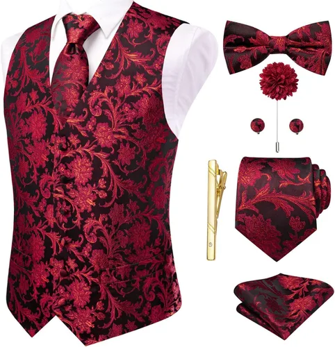 Vista 33 de Hi-Tie Chaleco de traje de seda para hombre, corbata y corbatín de solapa, clip de corbata dorado, chaleco floral de cachemira, 8 piezas, conjunto
