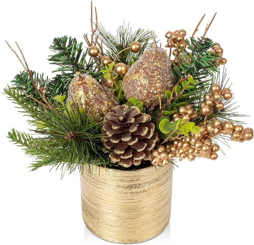 Vista 7 de Mini árbol de Navidad, árbol de Navidad artificial en maceta con manzanas, piñas, bayas, cinta, pequeños arreglos florales navideños de mesa