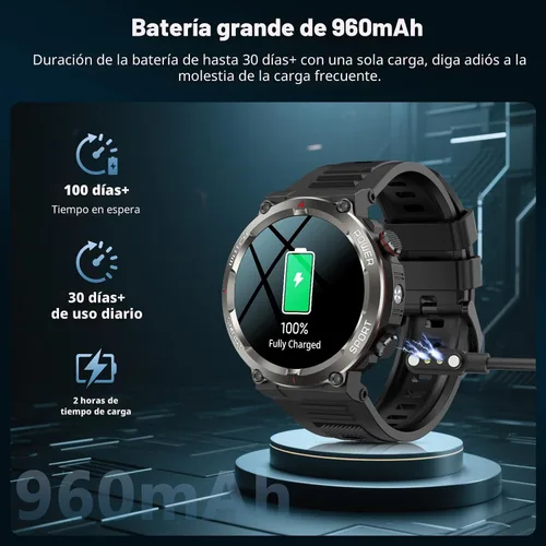 Vista 3 de IOWODO Reloj inteligente militar para hombre, batería de 100 días de duración, rastreador de actividad física con linterna LED / brújula, monitor