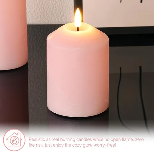 Vista 5 de Juego de 3 velas de pilar sin llama color rosa con control remoto, velas LED de cera real que funcionan