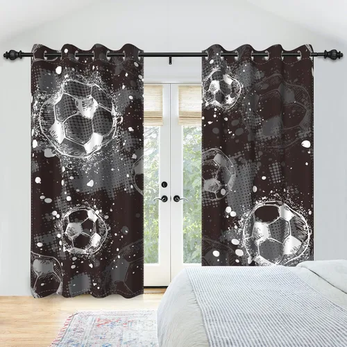 Vista 5 de Cortinas opacas de fútbol para dormitorio de niños, con temática deportiva, para sala de fútbol, cortinas de fútbol en blanco y negro