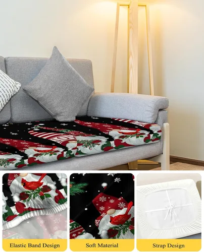 Vista 4 de Funda de sofá para sofá de 3 cojines, 1 pieza, gnomo de copo de nieve, adornos de Navidad, pino, funda elástica duradera para sala de estar, niños