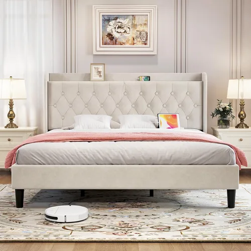 Vista 18 de koorlian Marco de cama tamaño matrimonial, Marco de cama tamaño matrimonial con cabecero, Marco de cama tapizado ajustable con puerto tipo C y USB