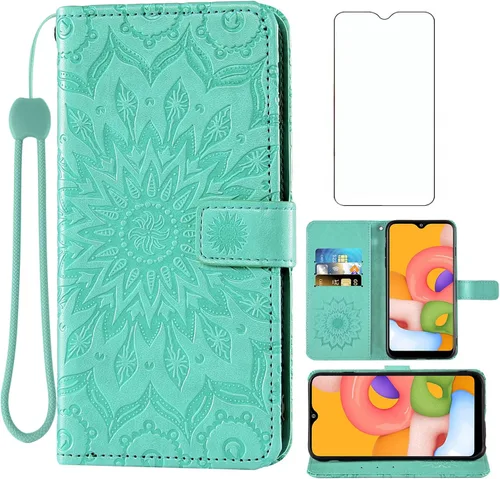 Vista 12 de Asuwish Funda de teléfono para Samsung Galaxy A01 con protector de pantalla de vidrio templado y funda delgada de cuero con soporte para tarjetas