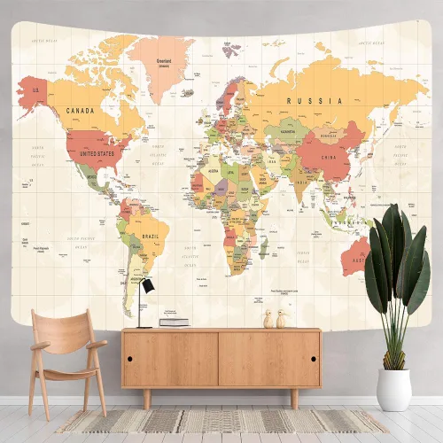 Vista 8 de ICTEISOM Tapiz de mapa del mundo para niños estudiantes, mapa del mundo con países y ciudades principales, tapiz de arte de pared póster tapices