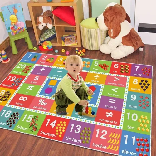 Vista 5 de Alfombra educativa de aprendizaje con números, símbolos matemáticos y formas, alfombra de juego de reconocimiento y conteo de frutas, alfombra