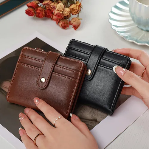 Vista 7 de Cartera pequeña para mujer, con bloqueo RFID, de cuero, plegable, compacta, tarjetero para mujer, con bolsillo con cremallera y ventana de Negro