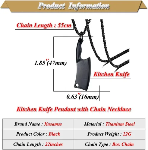 Vista 2 de Xusamss Collar de chef colgante de cuchillo de cocina de acero titanio clásico de moda, cadena de caja de 22 pulgadas Negro