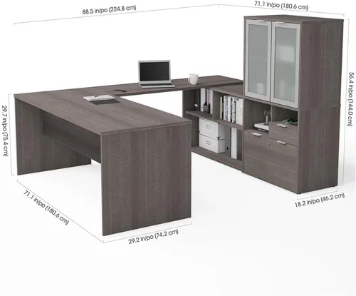 Vista 3 de Bestar i3 Plus Escritorio ejecutivo en forma de U con gabinete de puertas de vidrio esmerilado, 72 W, gris ladrido