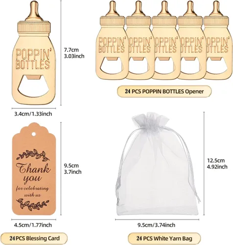 Vista 3 de 24 piezas de regalos de baby shower para invitados, diseño Poppin, abrebiberones, regalos de devolución o recuerdos con etiquetas de regalo y bolsas