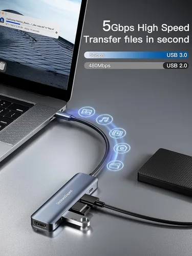 Vista 5 de Hub USB C, adaptador multipuerto USB-C DockteckExpand 5 en 1 con HDMI 4K, entrega de energía de 100 W, 3 puertos de datos USB 3.0 para MacBook