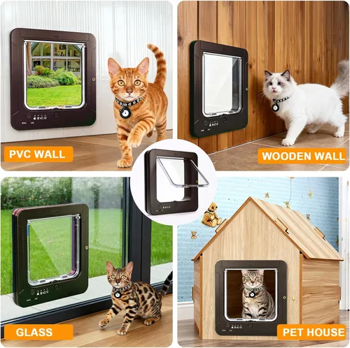 Vista 6 de Puerta inteligente para gatos con sensor de 3 collares, collar de puerta de gato RFID activado con control remoto, bloqueo de 4 vías, puerta Marrón