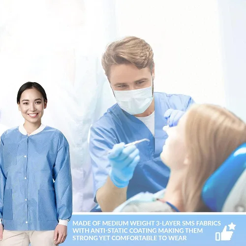 Vista 15 de Paquete de 10 chaquetas desechables de laboratorio, chaqueta médica reutilizable hasta la cadera, unisex, con puños de punto y bolsillos