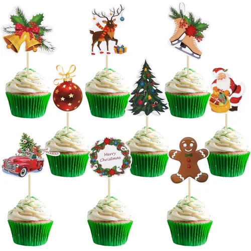 Vista 25 de Gyufise 24 piezas Adornos de pastel para revelación de género de Navidad con purpurina, sombrero navideño de Navidad, adorno de pastel de él o ella