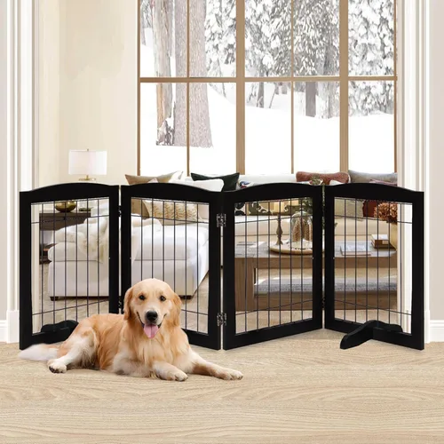 Vista 9 de LZRS Puerta plegable independiente de madera para perros de 2 paneles, madera maciza y alambre de acero, barrera para mascotas resistente a