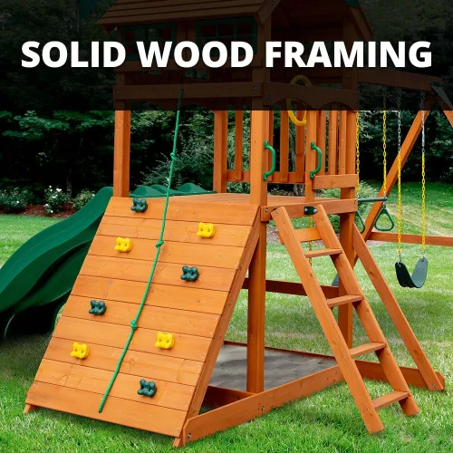 Vista 7 de Gorilla Playsets 01-1077 Avalon Treehouse - Juego de columpios de madera con techo de vinilo verde de gran tamaño, pared de escalada, escalera