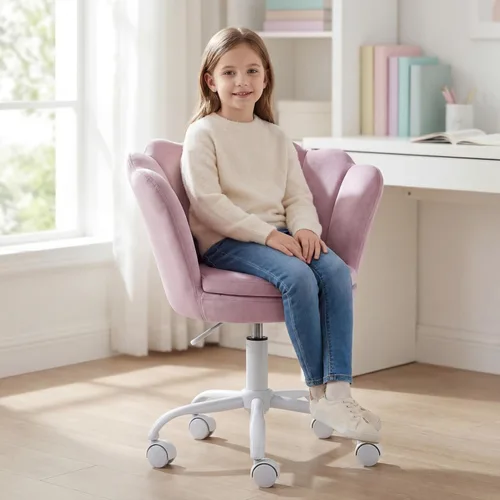 Vista 10 de Silla de escritorio de terciopelo para niños, bonita silla de computadora moderna tapizada, con brazo giratorio, silla de tocador ajustable