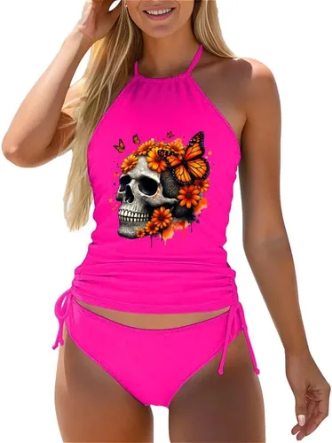 Vista 5 de Omichic Conjuntos de tankini modestos para mujer, trajes de baño atléticos de 2 piezas, camiseta sin mangas fluida con parte inferior de bikini