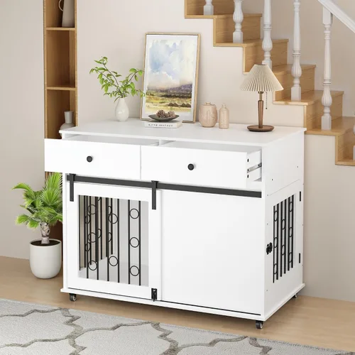 Vista 3 de Mueble moderno de madera para perros con cajones dobles y puerta corrediza de granero, mesa auxiliar decorativa para perrera con ruedas
