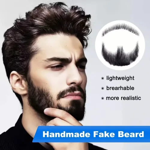 Vista 3 de Barba falsa de cabello 100 % humano, barba facial negra, cabello humano realista, cabello facial atado a mano, encaje invisible, bigote falso