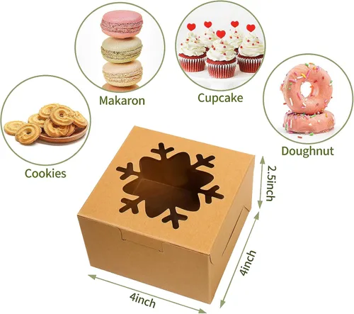 Vista 5 de 24 piezas Cajas de pastelería marrones con ventana, cajas de galletas de Navidad pequeñas de 4x4x2.5 pulgadas, cajas de regalo de Navidad