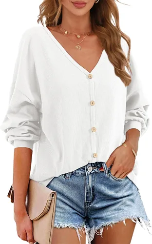 Vista 3 de Beluring Camisas de mujer con cuello en V, manga corta, sueltas, de punto gofre, con botones