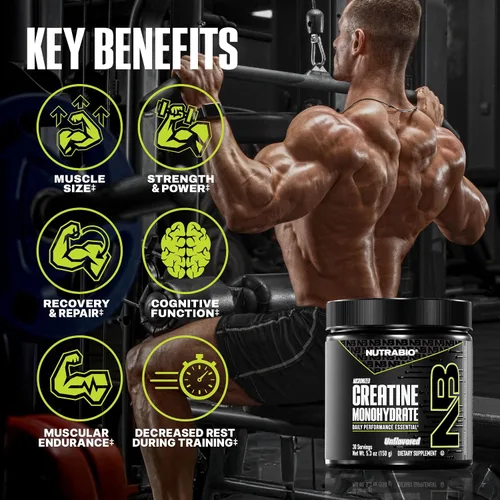 Vista 2 de NutraBio Suplemento en polvo de monohidrato de creatina micronizada pura, sin sabor, (150 g) – Apoya la energía muscular masiva, la recuperación