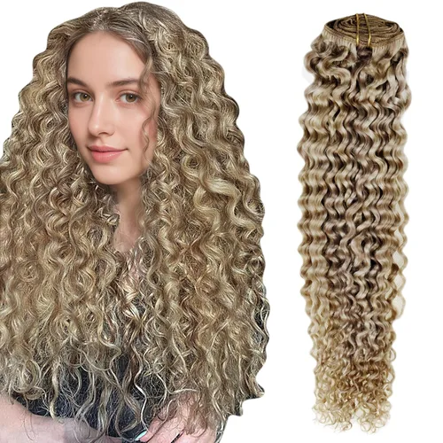 Vista 30 de Hetto . Extensiones de cabello humano rizado con clip, color #1 negro azabache, extensiones de cabello humano ondulado natural para cabeza completa