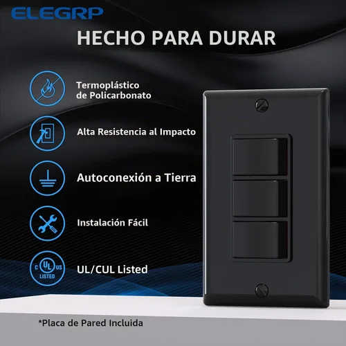 Vista 2 de ELEGRP Decorator - Interruptor basculante triple, paleta eléctrica de un solo polo, 15 A 120 V en la pared, encendido y apagado automático, placa