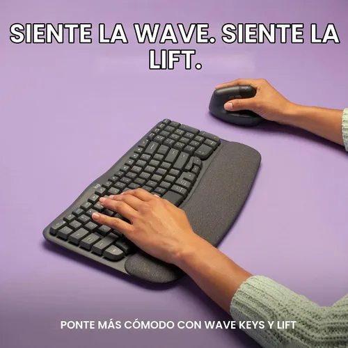 Vista 2 de Logitech Wave Keys - Teclado ergonómico inalámbrico con reposamanos acolchado para múltiples sistemas operativos + mouse Lift ergonómico vertical