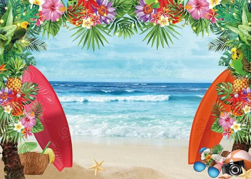 Vista 8 de HQM Fondo de fotos con temática de playa tropical de verano, 5 x 3 pies, tela para conchas de playa, Hawaii, flor de mar azul, para niños