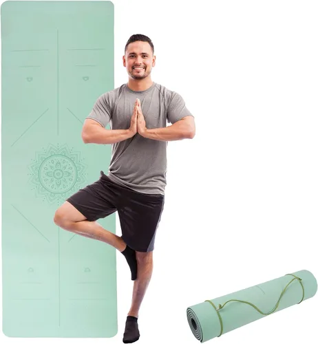Vista 2 de Esterilla de yoga antideslizante con marcas de alineación – Esterilla de ejercicio ligera con correa de transporte para entrenamiento en casa o Azul
