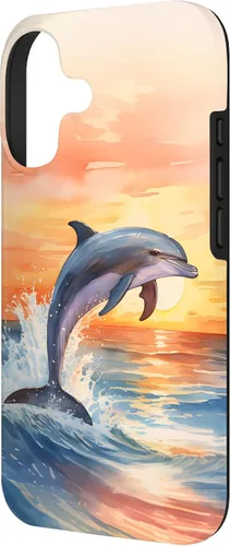 Vista 2 de Dolphin Jumping Sunset Over Ocean Watercolor Art Case for iPhone 17