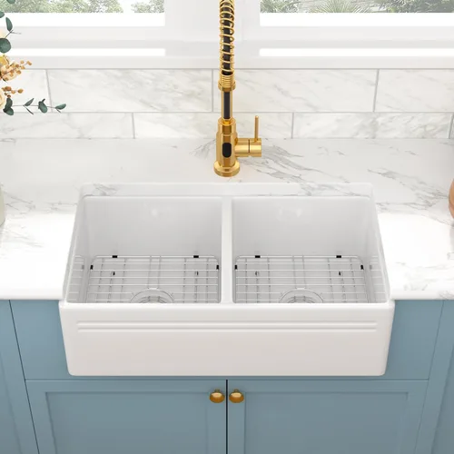 Vista 2 de Sarlai Fregadero de cocina de 33 x 18 pulgadas, color blanco, fregadero de cocina de 33 x 18 pulgadas, cuenco doble frontal 50/50 de porcelana