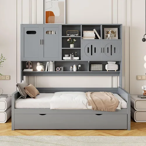Vista 29 de VilroCaz Cama de sofá de tamaño individual de madera con estantes de almacenamiento y escritorio de estudio, estructura de cama de día Blanco