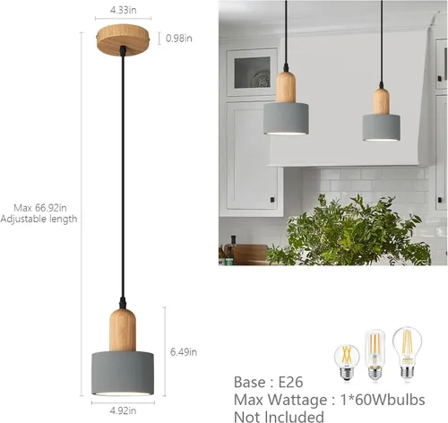Vista 2 de Luces Colgantes Modernas de Cemento Gris Araña Lámparas de Techo de Madera para Isla de Cocina Dormitorio Comedor Sala de Estar Bar (Paquete de 2)