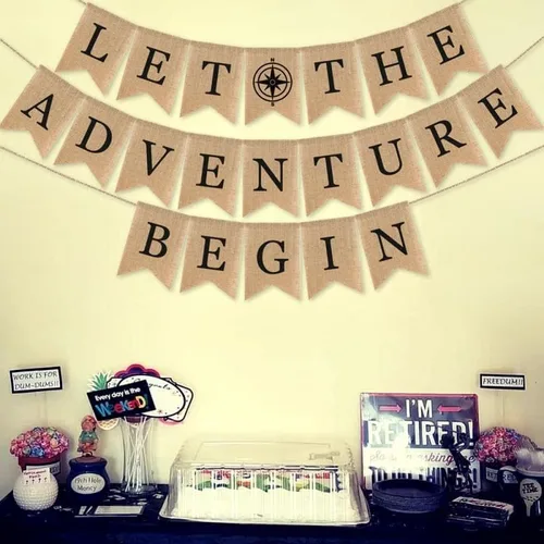 Vista 2 de SWYOUN Cartel de arpillera con texto en inglés «Let the Adventure Begin», suministros para fiestas temáticas de viaje, baby shower, graduación