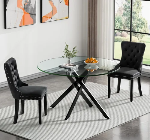 Vista 120 de Juego de mesa de comedor SSLine moderno de 3 piezas con mesa redonda de vidrio para 2, lujosa mesa de comedor circular de 36" con tapa de vidrio