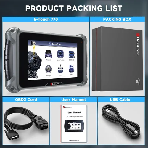 Vista 9 de Escáner OBD2 BOSSCOMM eTouch770 para todos los sistemas, purga de ABS SAS Acelerador Aceite BMS EPB 6 restablecimientos, lector de códigos