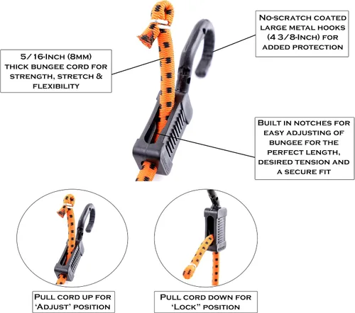 Vista 4 de Kotap MABC-18 Cuerdas elásticas ajustables multiusos con ganchos, 18 pulgadas, naranja/negro, 10