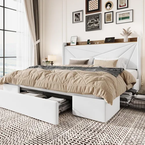 Vista 10 de SHA CERLIN Base de cama tamaño matrimonial con 3 cajones, puertos de carga USB y tipo C, cama plataforma tapizada en terciopelo con cabecera
