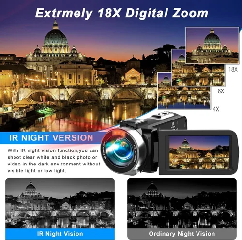 Vista 2 de Cámara de video 4K de visión nocturna videocámara digital, cámara de vlogging de 48MP para YouTube, grabadora de cámara digital con zoom 18X