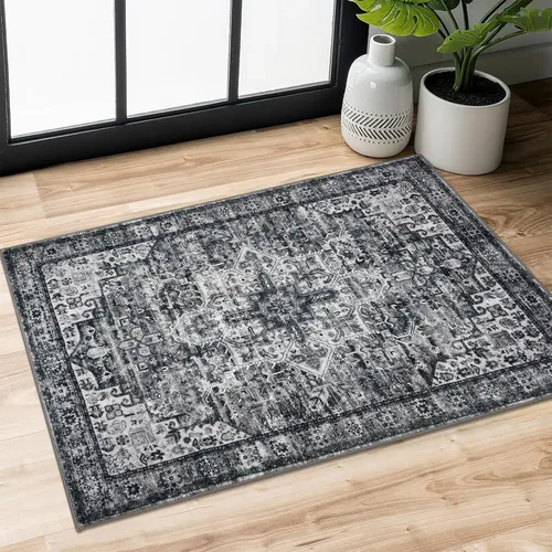 Vista 123 de SIILOOM Alfombra lavable de 2 x 3 pies, alfombra suave color taupe ceniza para entrada, tapete antideslizante para puerta de interior, tapete